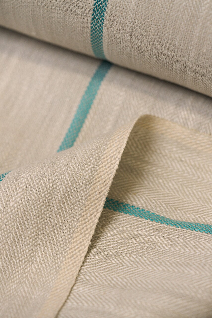 1 Yard Ocean Blue Herringbone Stripe Linen Premium Craft Fabric 54" Width